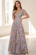 Romantic A-Line V-Neck Flutter-Sleeve Closed-Back Floor-Length Wedding Guest Dress
