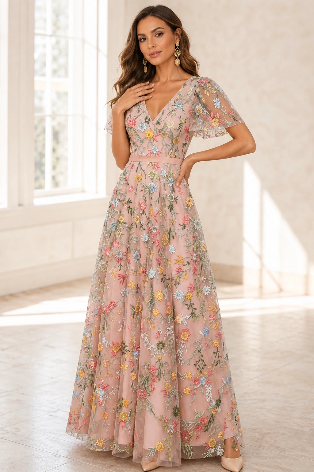 Romantic A-Line V-Neck Flutter-Sleeve Closed-Back Floor-Length Wedding Guest Dress