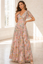 Romantic A-Line V-Neck Flutter-Sleeve Closed-Back Floor-Length Wedding Guest Dress