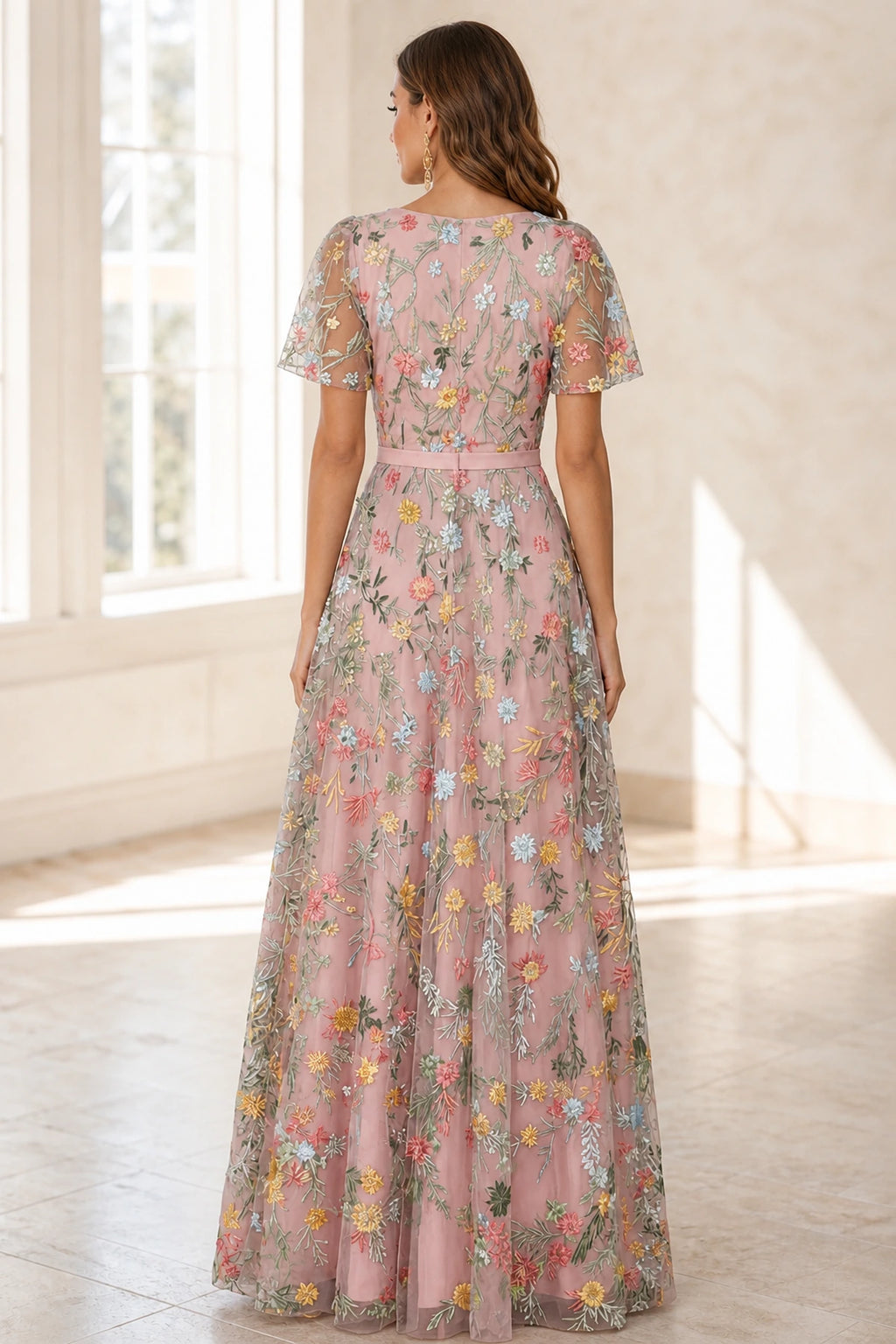 Romantic A-Line V-Neck Flutter-Sleeve Closed-Back Floor-Length Wedding Guest Dress