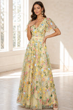 Romantic A-Line V-Neck Flutter-Sleeve Closed-Back Floor-Length Wedding Guest Dress