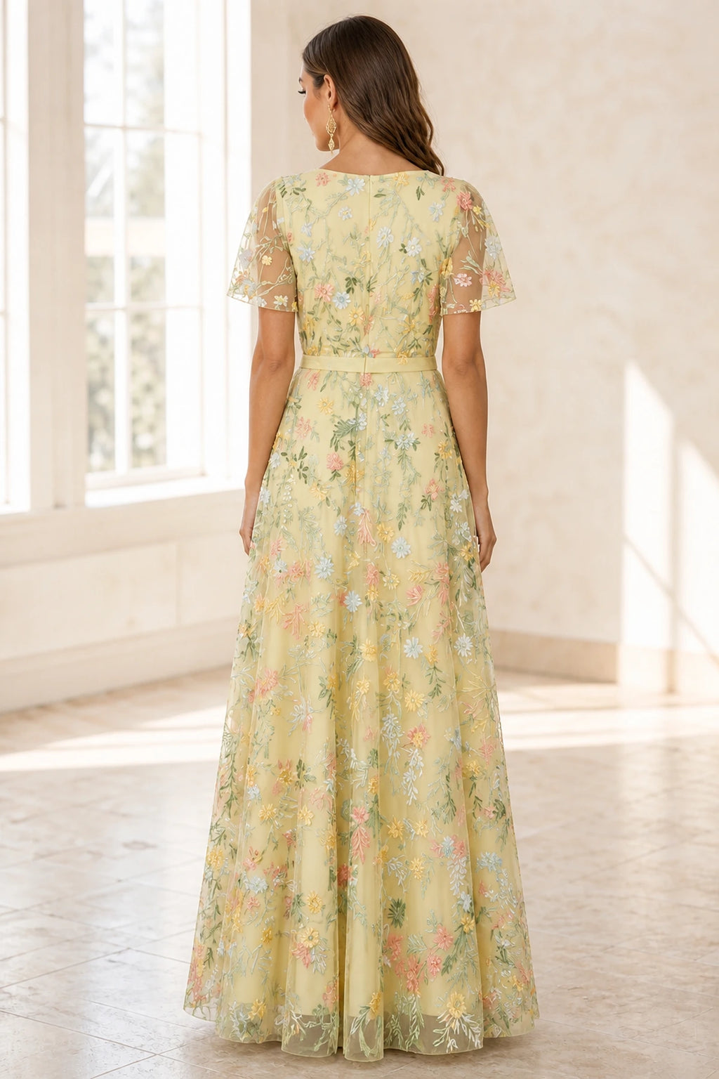 Romantic A-Line V-Neck Flutter-Sleeve Closed-Back Floor-Length Wedding Guest Dress
