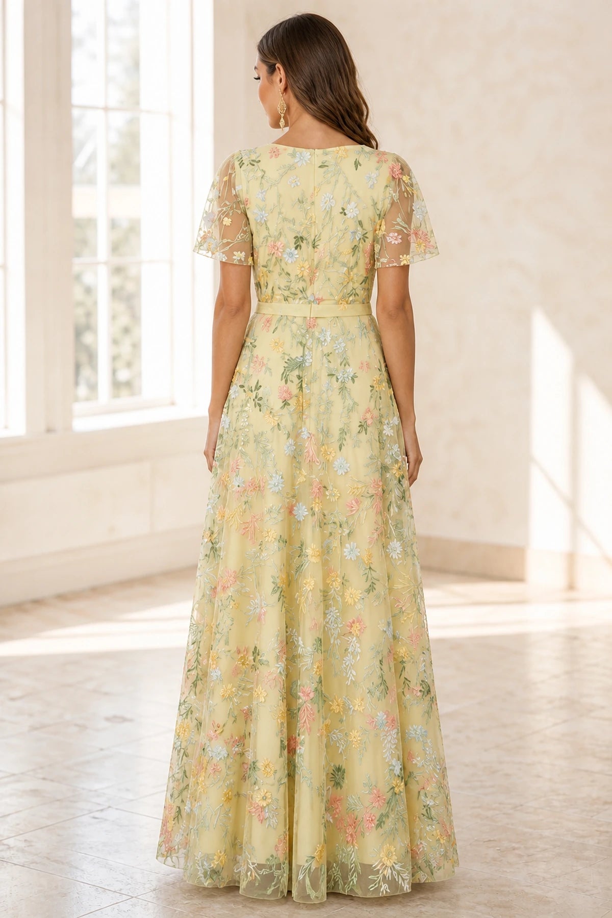 Romantic A-Line V-Neck Flutter-Sleeve Closed-Back Floor-Length Wedding Guest Dress