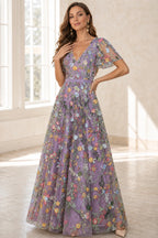 Romantic A-Line V-Neck Flutter-Sleeve Closed-Back Floor-Length Wedding Guest Dress