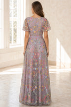 Romantic A-Line V-Neck Flutter-Sleeve Closed-Back Floor-Length Wedding Guest Dress