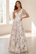 Romantic A-Line V-Neck Flutter-Sleeve Closed-Back Floor-Length Wedding Guest Dress