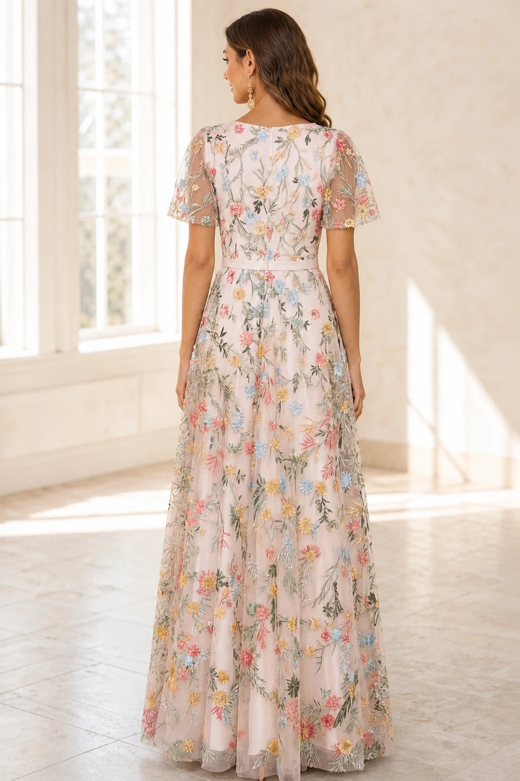 Romantic A-Line V-Neck Flutter-Sleeve Closed-Back Floor-Length Wedding Guest Dress
