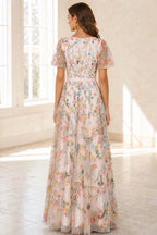Romantic A-Line V-Neck Flutter-Sleeve Closed-Back Floor-Length Wedding Guest Dress