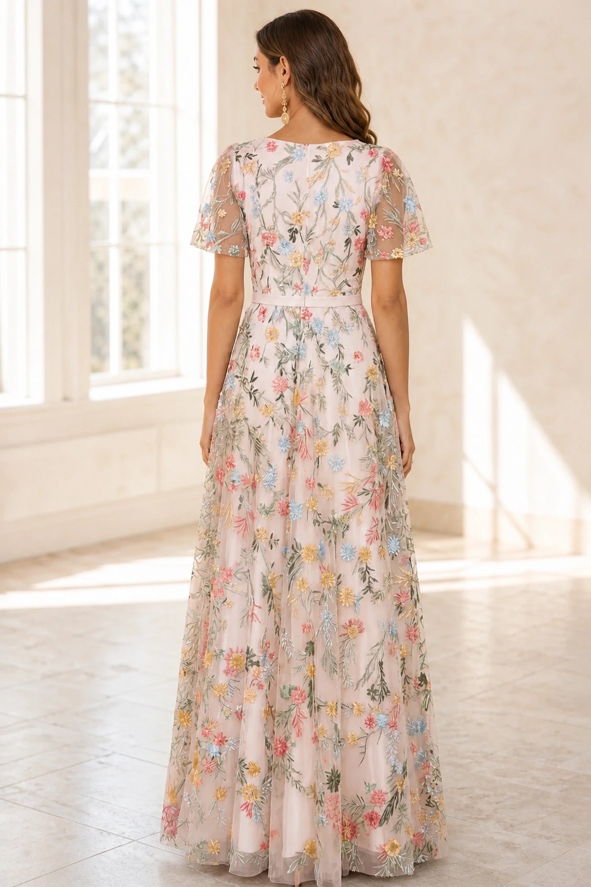 Romantic A-Line V-Neck Flutter-Sleeve Closed-Back Floor-Length Wedding Guest Dress
