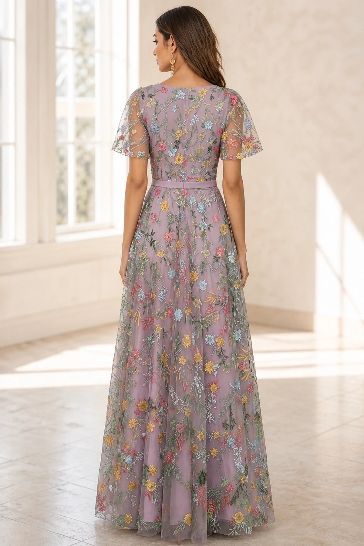 Romantic A-Line V-Neck Flutter-Sleeve Closed-Back Floor-Length Wedding Guest Dress