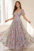 Romantic A-Line V-Neck Flutter-Sleeve Closed-Back Floor-Length Wedding Guest Dress