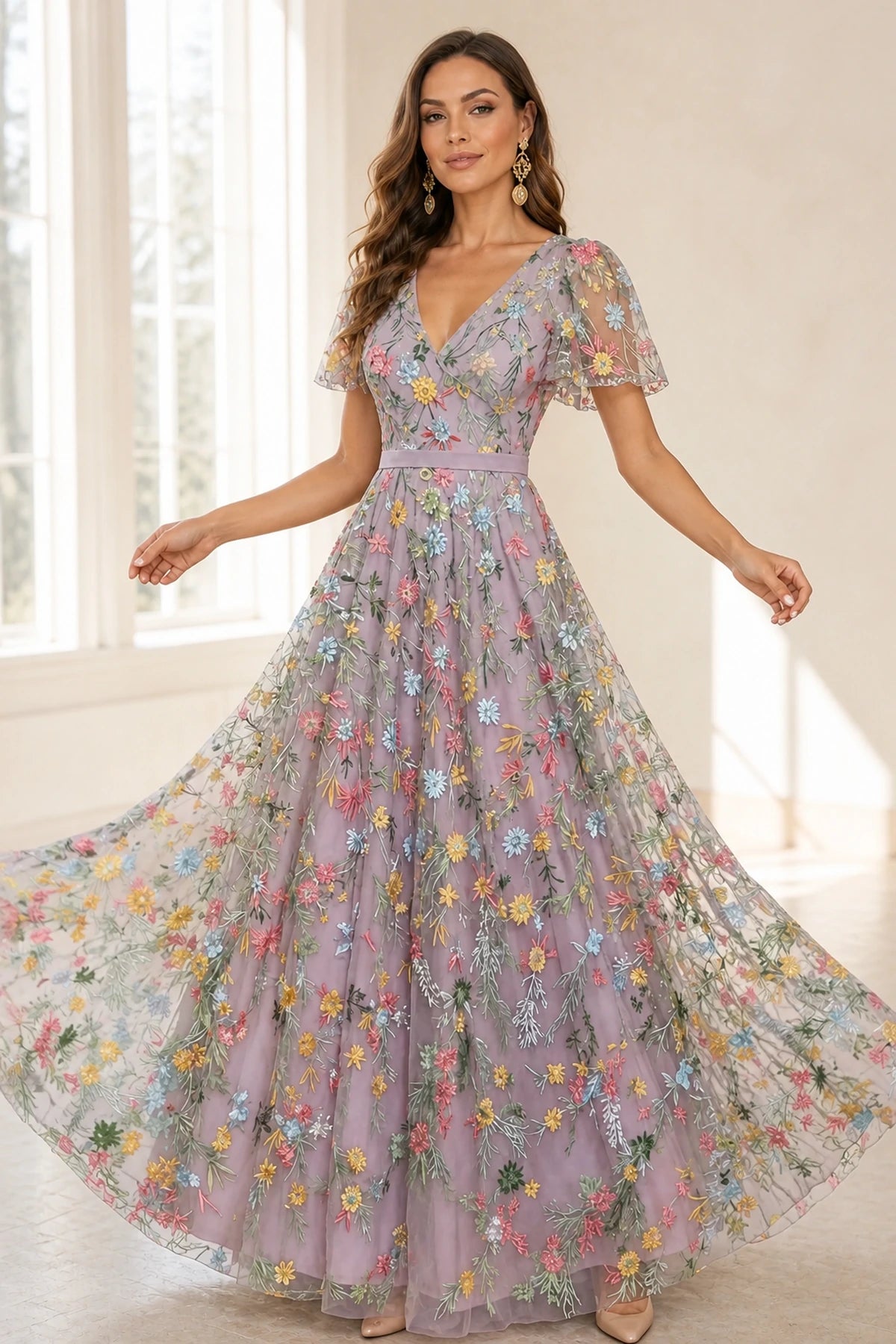 Romantic A-Line V-Neck Flutter-Sleeve Closed-Back Floor-Length Wedding Guest Dress