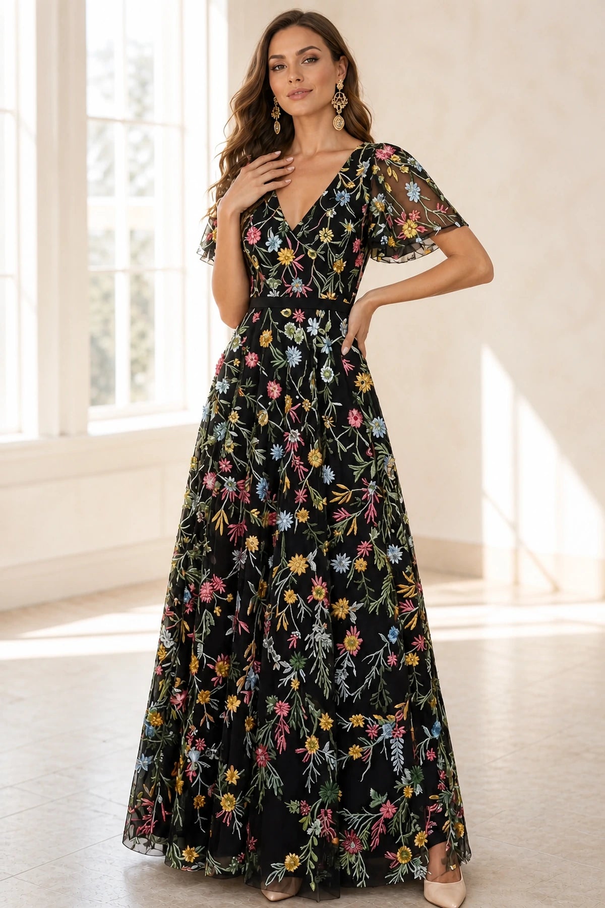 Romantic A-Line V-Neck Flutter-Sleeve Closed-Back Floor-Length Wedding Guest Dress