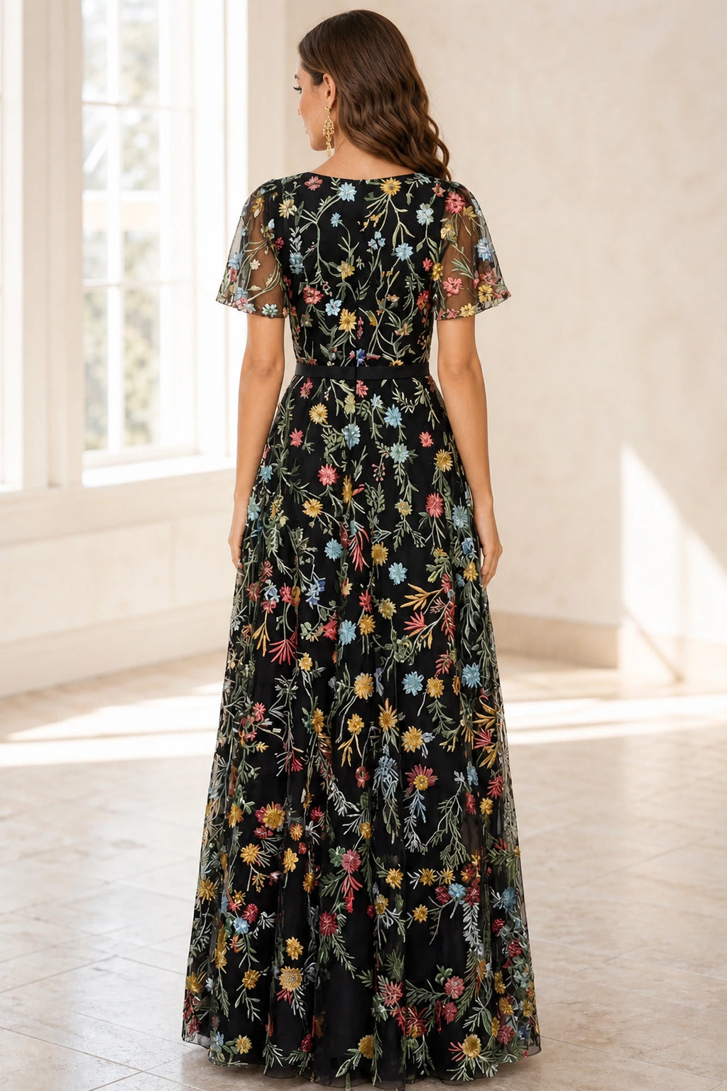 Romantic A-Line V-Neck Flutter-Sleeve Closed-Back Floor-Length Wedding Guest Dress