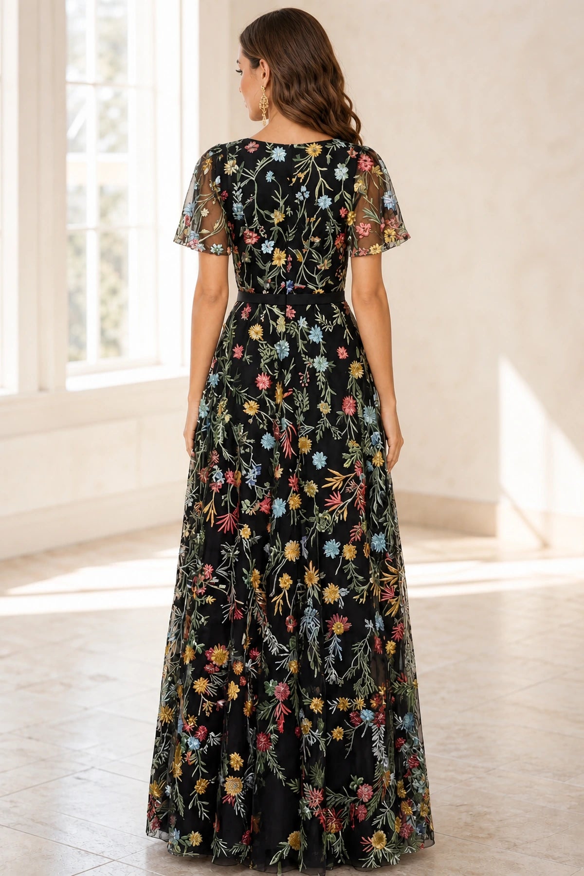 Romantic A-Line V-Neck Flutter-Sleeve Closed-Back Floor-Length Wedding Guest Dress