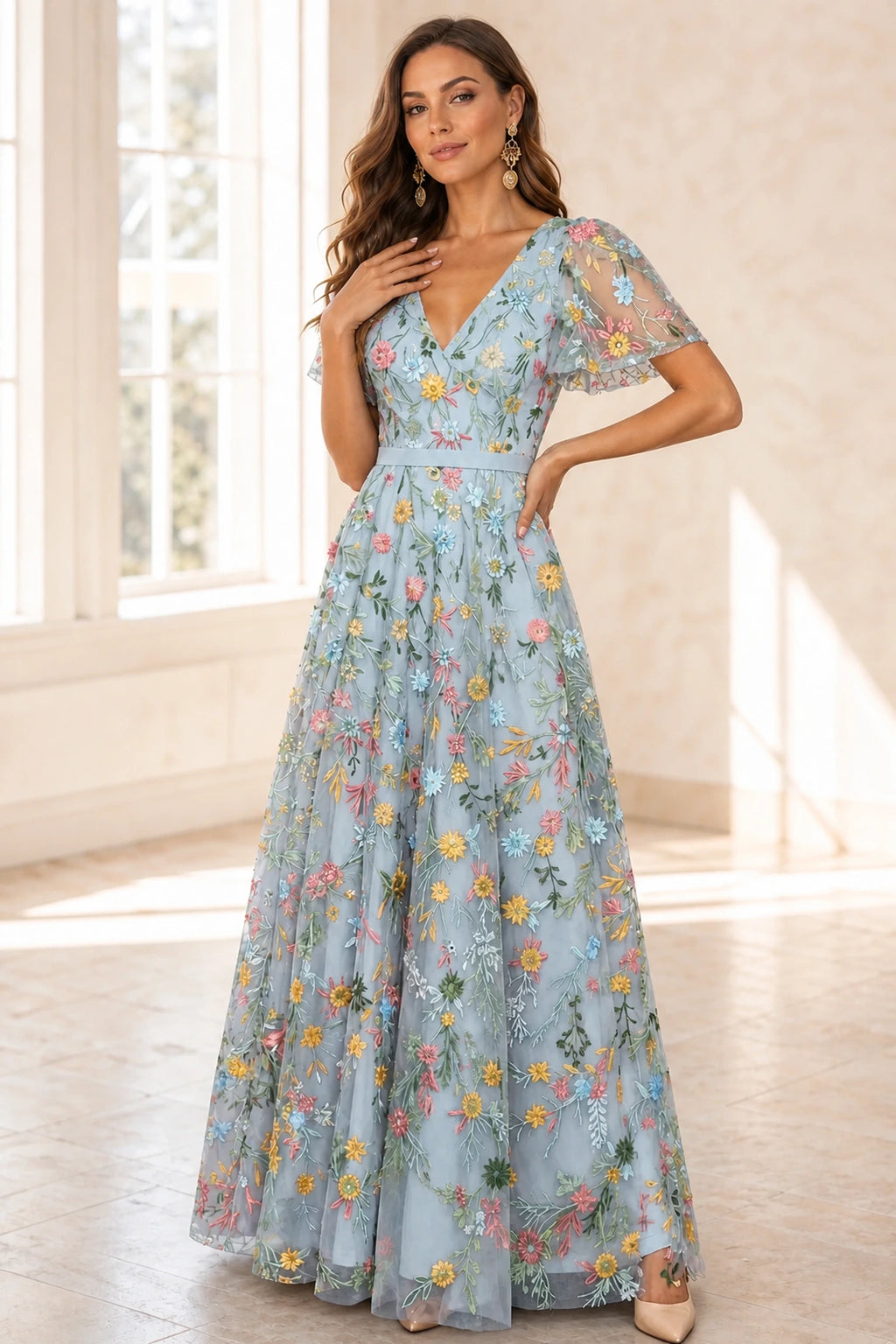 Romantic A-Line V-Neck Flutter-Sleeve Closed-Back Floor-Length Wedding Guest Dress