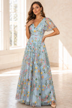 Romantic A-Line V-Neck Flutter-Sleeve Closed-Back Floor-Length Wedding Guest Dress
