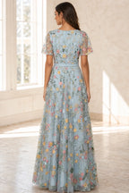 Romantic A-Line V-Neck Flutter-Sleeve Closed-Back Floor-Length Wedding Guest Dress