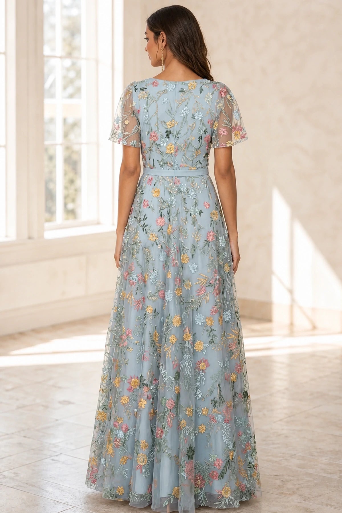 Romantic A-Line V-Neck Flutter-Sleeve Closed-Back Floor-Length Wedding Guest Dress