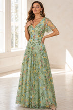 Romantic A-Line V-Neck Flutter-Sleeve Closed-Back Floor-Length Wedding Guest Dress