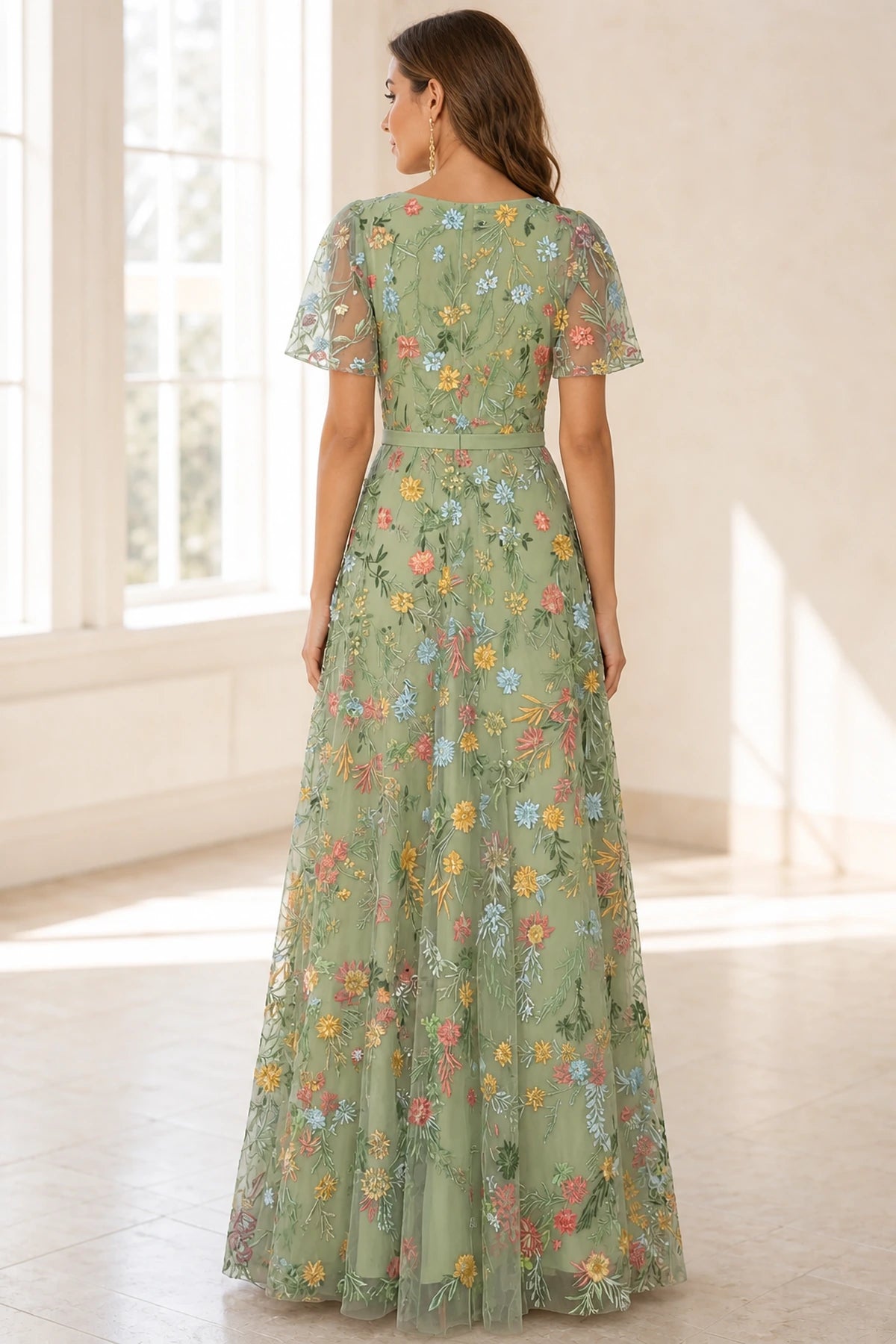 Romantic A-Line V-Neck Flutter-Sleeve Closed-Back Floor-Length Wedding Guest Dress