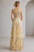 Romantic A-Line V-Neck Sleeveless Floral Embroidered Floor-Length Wedding Guest Dress