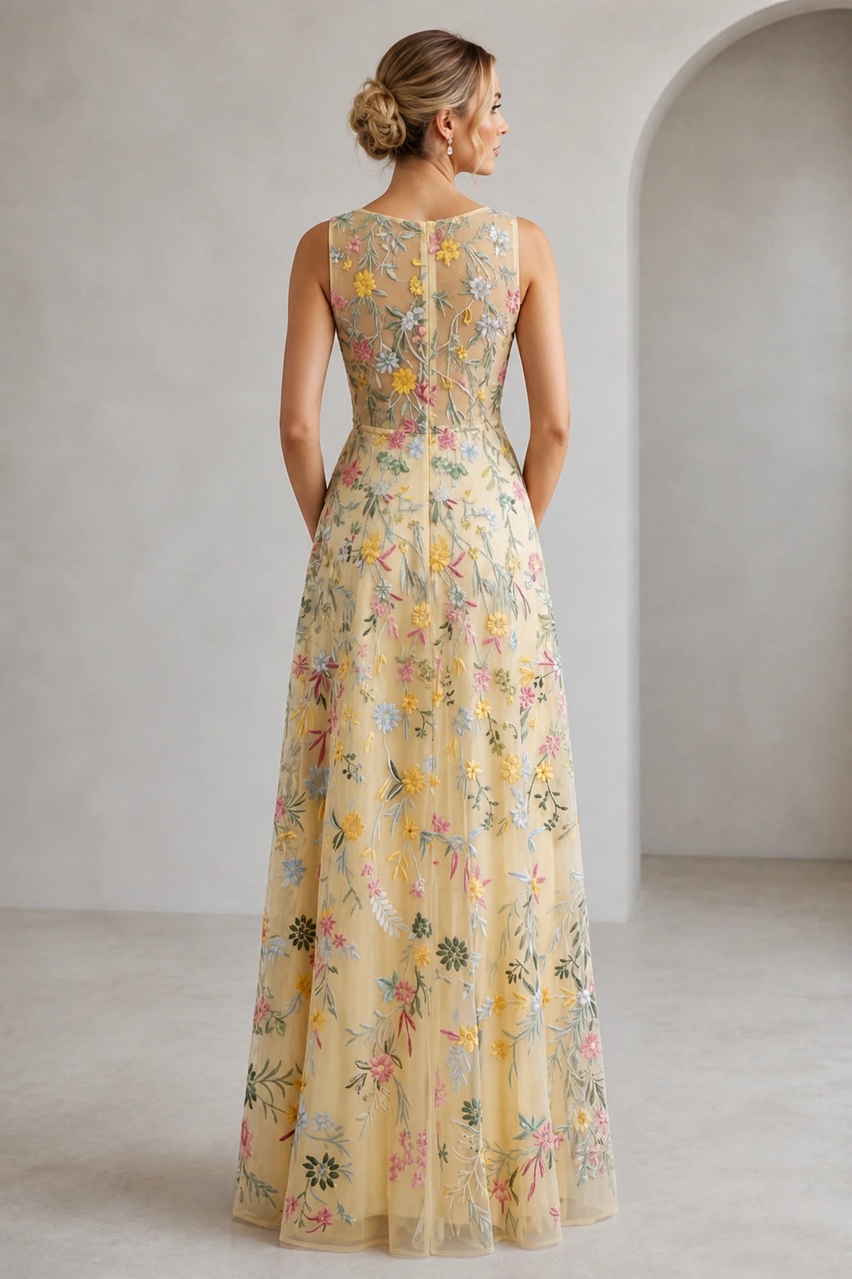 Romantic A-Line V-Neck Sleeveless Floral Embroidered Floor-Length Wedding Guest Dress