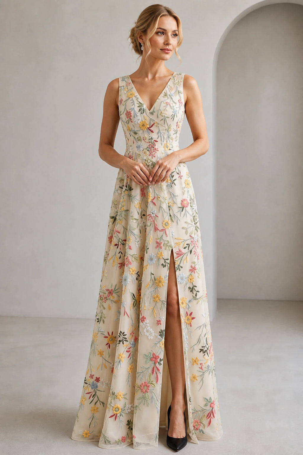 Romantic A-Line V-Neck Sleeveless Floral Embroidered Floor-Length Wedding Guest Dress