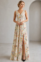 Romantic A-Line V-Neck Sleeveless Floral Embroidered Floor-Length Wedding Guest Dress