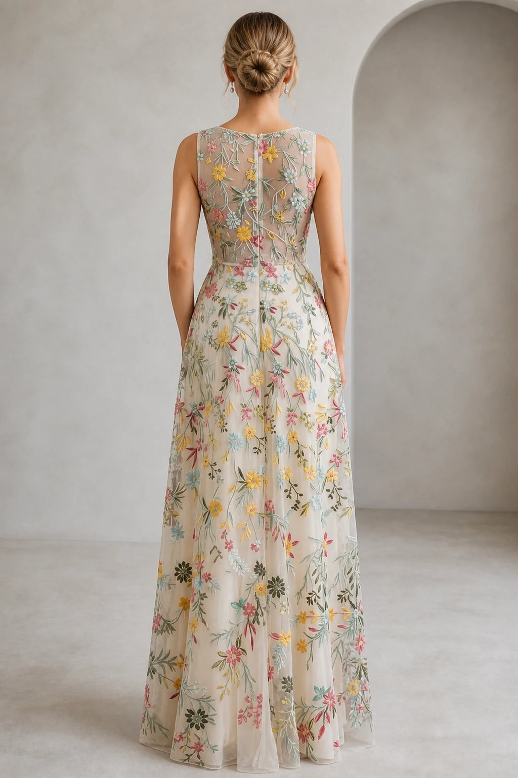 Romantic A-Line V-Neck Sleeveless Floral Embroidered Floor-Length Wedding Guest Dress