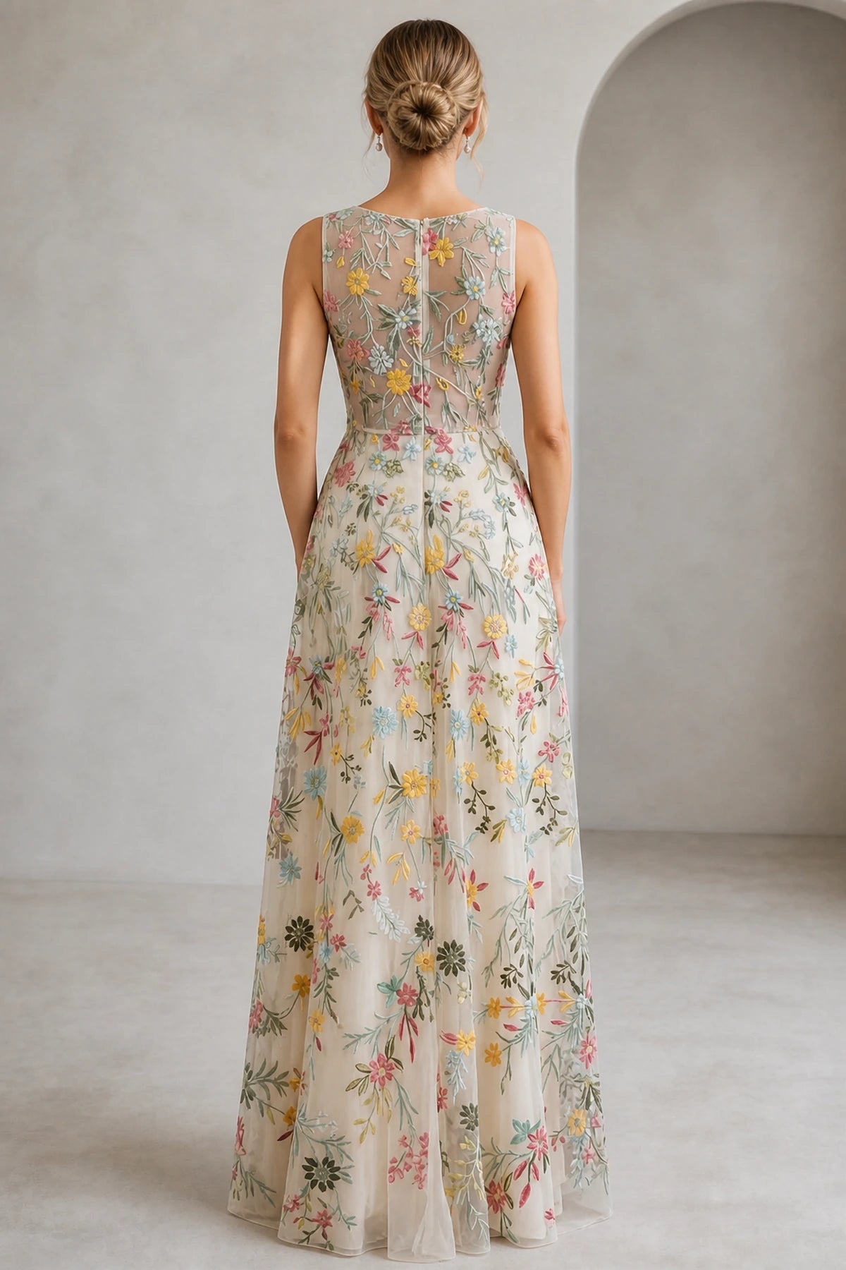 Romantic A-Line V-Neck Sleeveless Floral Embroidered Floor-Length Wedding Guest Dress