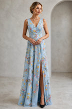 Romantic A-Line V-Neck Sleeveless Floral Embroidered Floor-Length Wedding Guest Dress