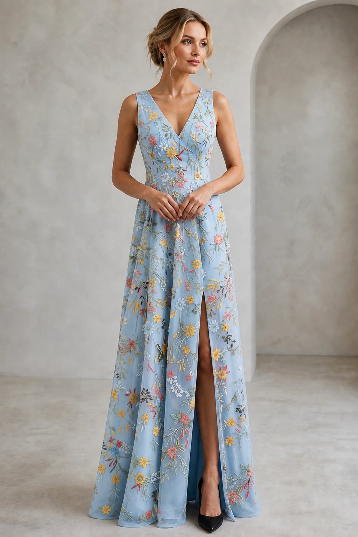 Romantic A-Line V-Neck Sleeveless Floral Embroidered Floor-Length Wedding Guest Dress