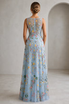Romantic A-Line V-Neck Sleeveless Floral Embroidered Floor-Length Wedding Guest Dress