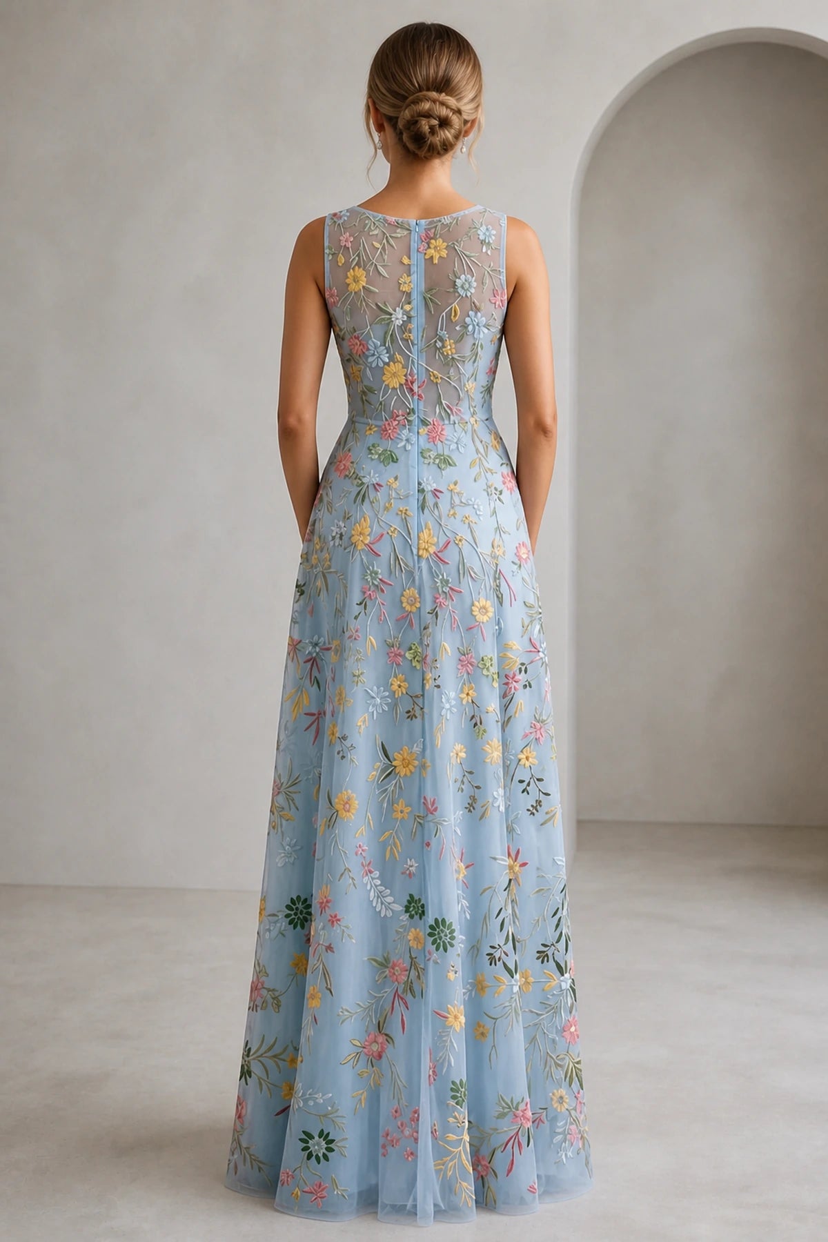 Romantic A-Line V-Neck Sleeveless Floral Embroidered Floor-Length Wedding Guest Dress