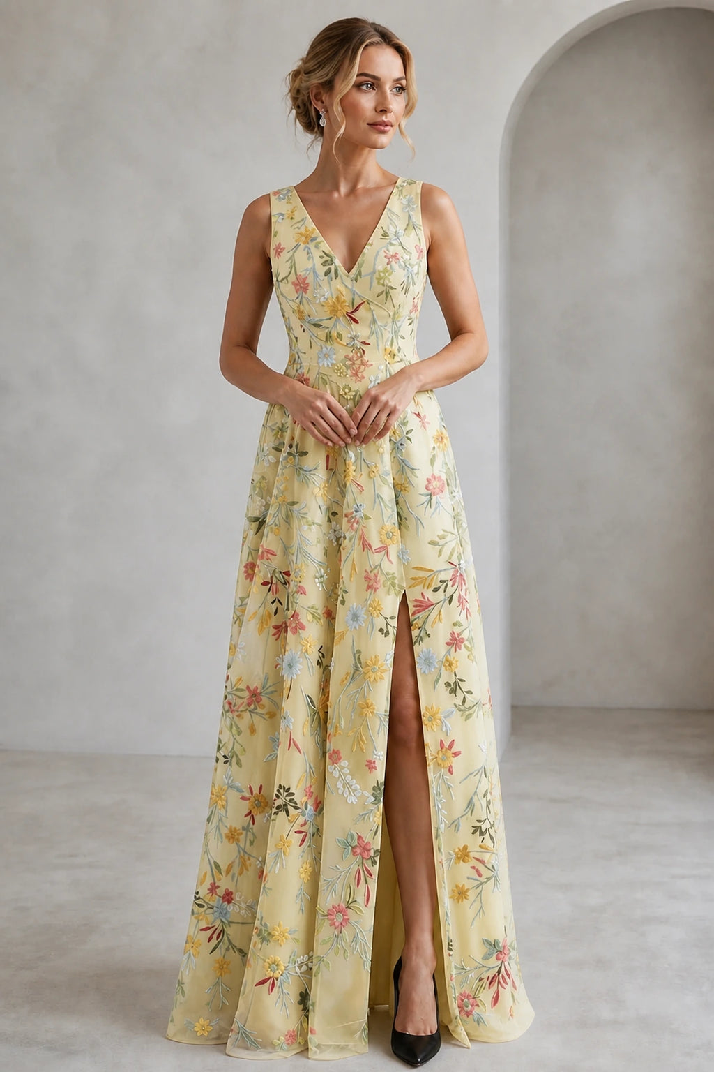 Romantic A-Line V-Neck Sleeveless Floral Embroidered Floor-Length Wedding Guest Dress