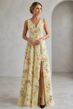 Romantic A-Line V-Neck Sleeveless Floral Embroidered Floor-Length Wedding Guest Dress
