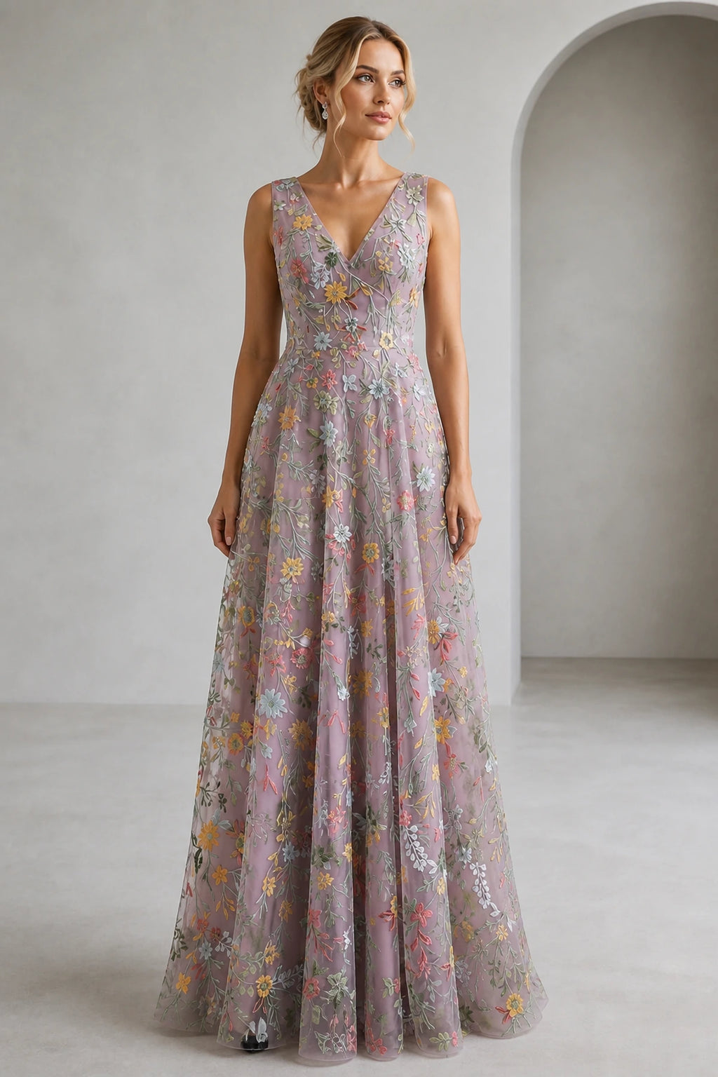 Mauve V-neck floral embroidered A-line floor length wedding guest dress