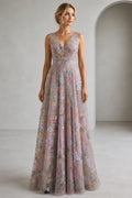 Mauve V-neck floral embroidered A-line floor length wedding guest dress