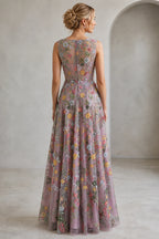 Back view of mauve floral embroidered sleeveless wedding guest dress