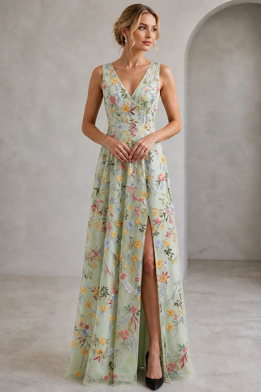 Romantic A-Line V-Neck Sleeveless Floral Embroidered Floor-Length Wedding Guest Dress