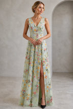 Romantic A-Line V-Neck Sleeveless Floral Embroidered Floor-Length Wedding Guest Dress