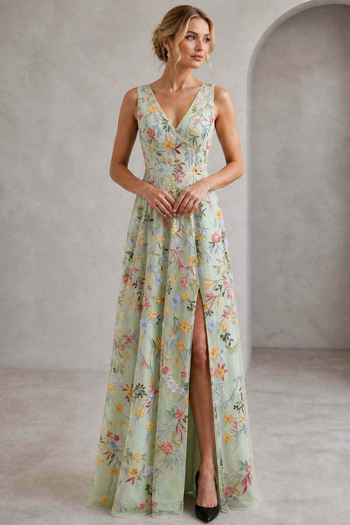 Romantic A-Line V-Neck Sleeveless Floral Embroidered Floor-Length Wedding Guest Dress