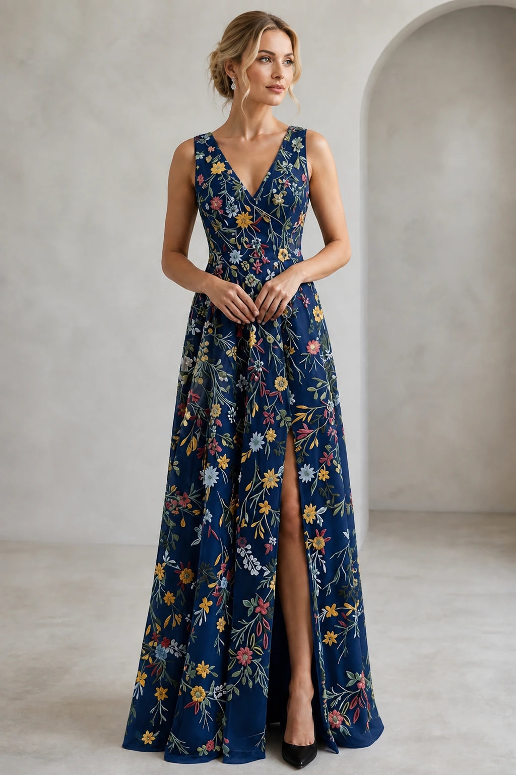 Romantic A-Line V-Neck Sleeveless Floral Embroidered Floor-Length Wedding Guest Dress