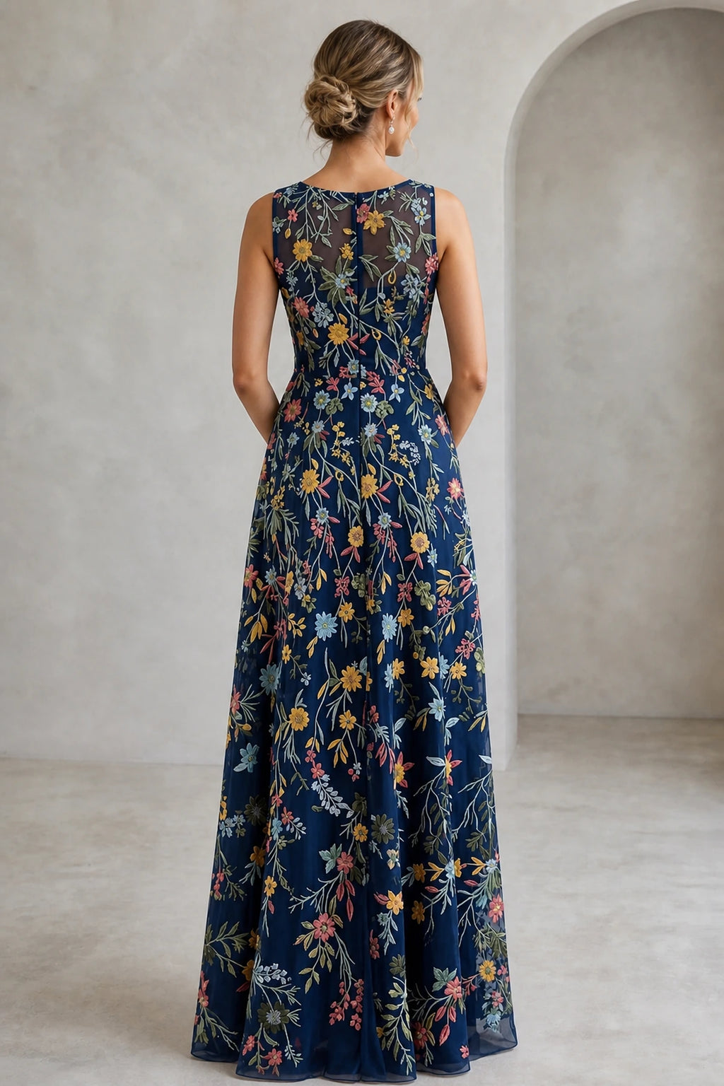 Romantic A-Line V-Neck Sleeveless Floral Embroidered Floor-Length Wedding Guest Dress
