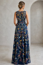 Romantic A-Line V-Neck Sleeveless Floral Embroidered Floor-Length Wedding Guest Dress