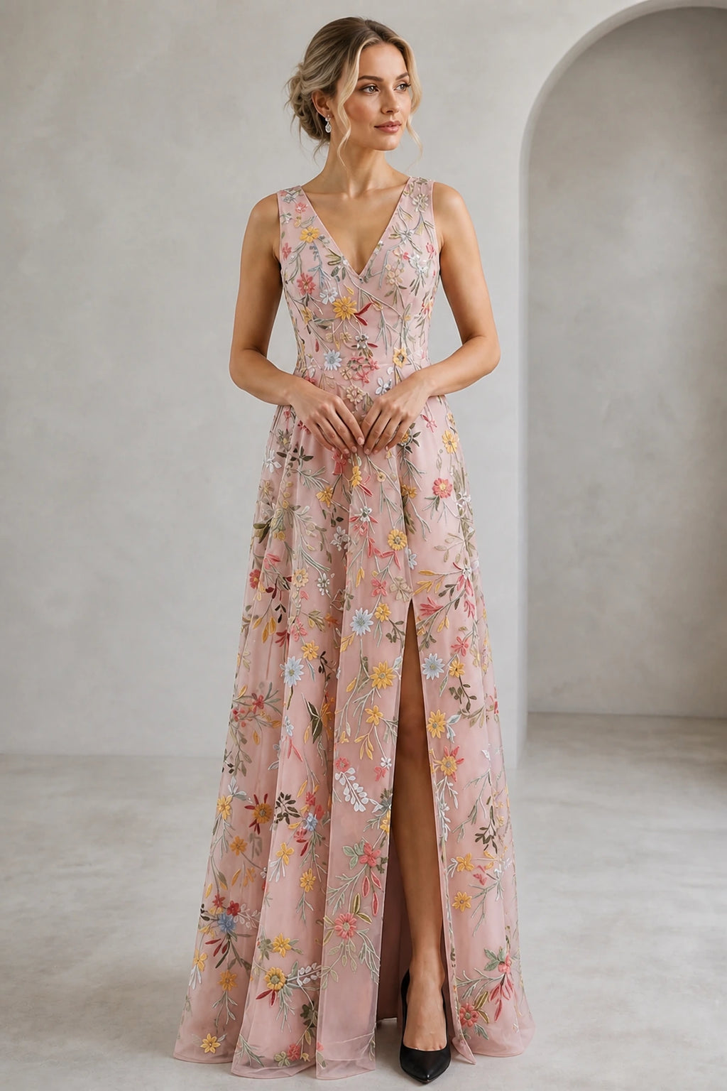 Romantic A-Line V-Neck Sleeveless Floral Embroidered Floor-Length Wedding Guest Dress