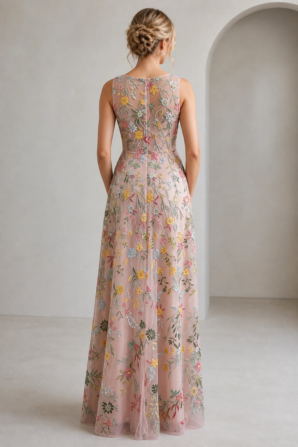 Romantic A-Line V-Neck Sleeveless Floral Embroidered Floor-Length Wedding Guest Dress