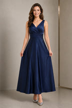 Graceprom navy satin a-line mother of the bride dress, sleeveless wrap v-neck ruched waist formal gown front view