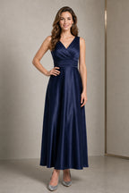 Flattering a-line v-neck sleeveless v-back long mother of the bride dress
